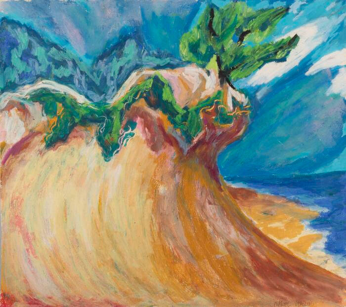 Painting of a sand dune overlooking a beach